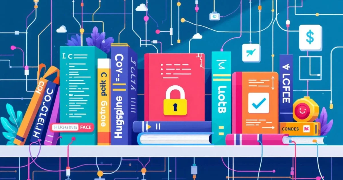 A colorful digital shelf showcasing large, unlocked code books labeled 'Hugging Face' connected by vibrant wires.