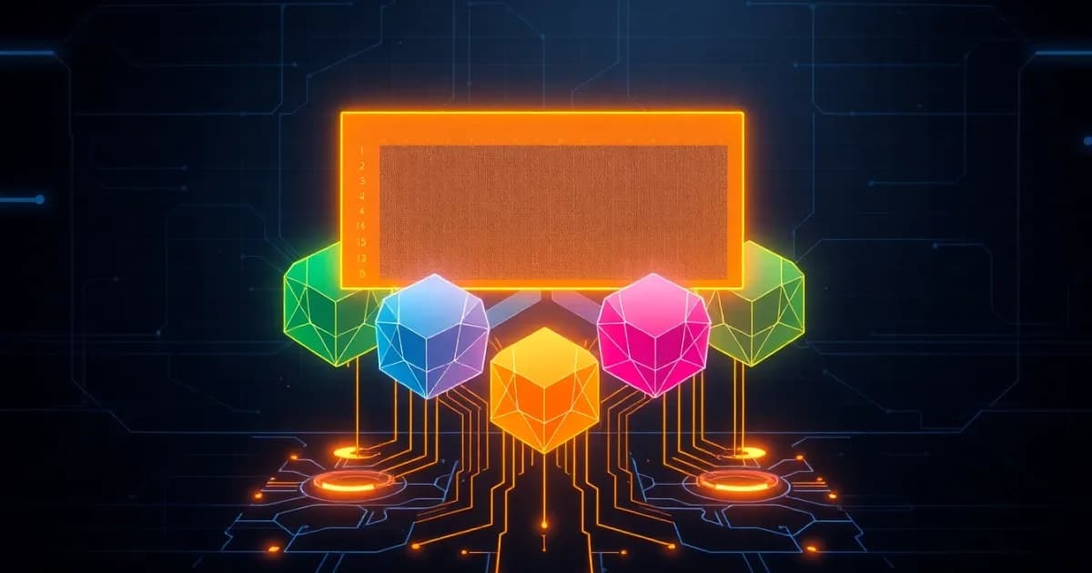 Golden trophy above colorful geometric AI model representations with glowing circuits on blue tech background