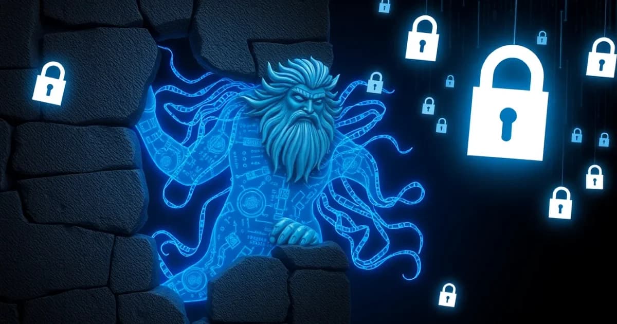 A digital mythological figure emerging from cracked stone with glowing code and security warning symbols around it