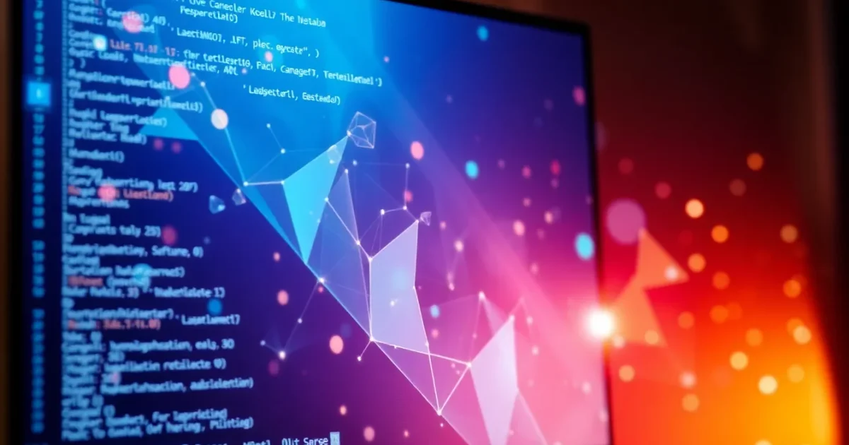 A futuristic robot at a coding desk with glowing code around it