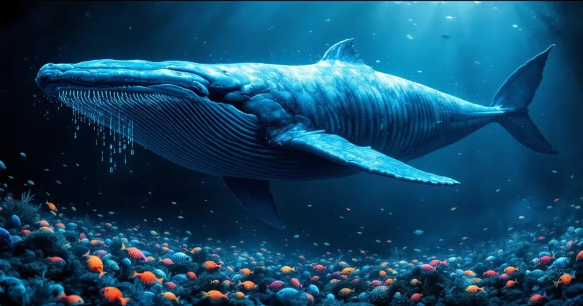 A blue whale swimming above fish skeletons with binary code streams flowing underwater