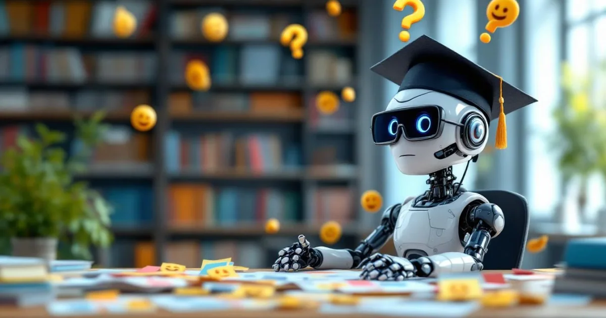 Confused academic robot surrounded by floating emotion cards and question marks