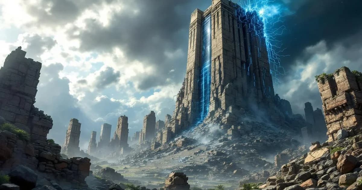 Ancient tower crumbling as modern glass skyscraper with glowing circuits rises from the ruins