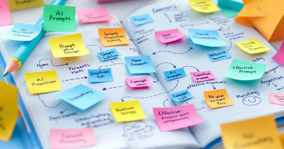 A vibrant brainstorming session with sticky notes showing examples of AI prompts and prompt engineering concepts.