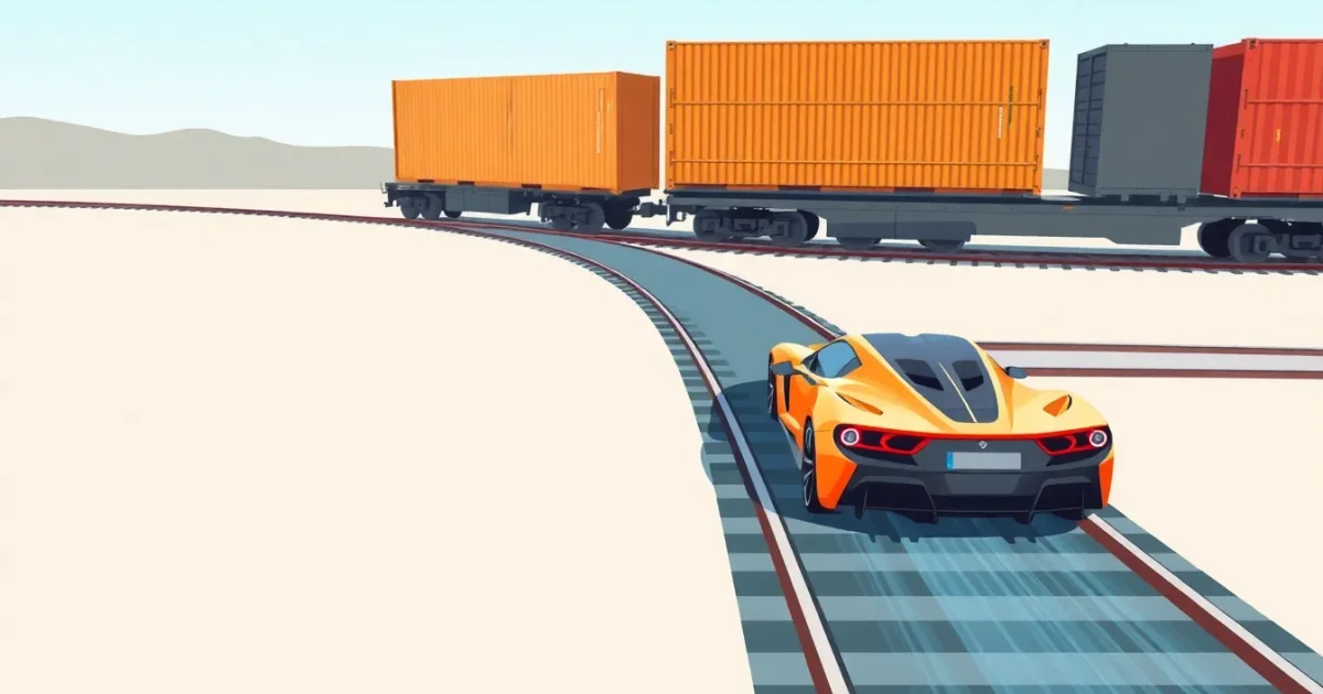 Small sports car racing next to large freight train showing speed versus capacity concept