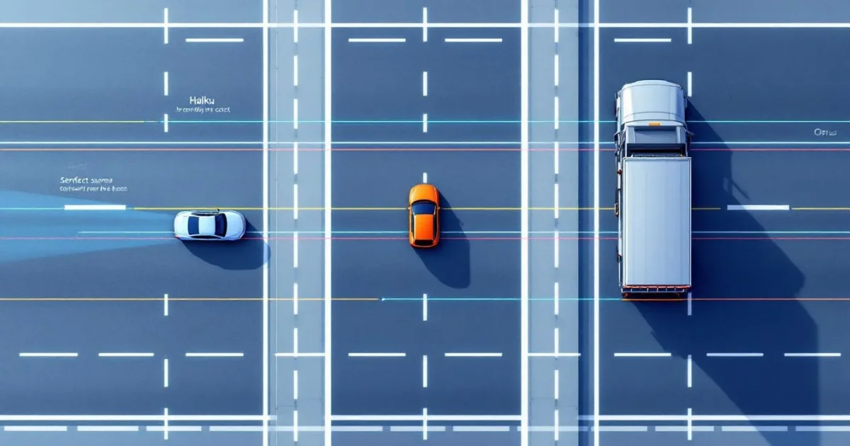 Three vehicles on parallel highway lanes showing speed vs power trade-offs, representing Claude Haiku, Sonnet, and Opus models