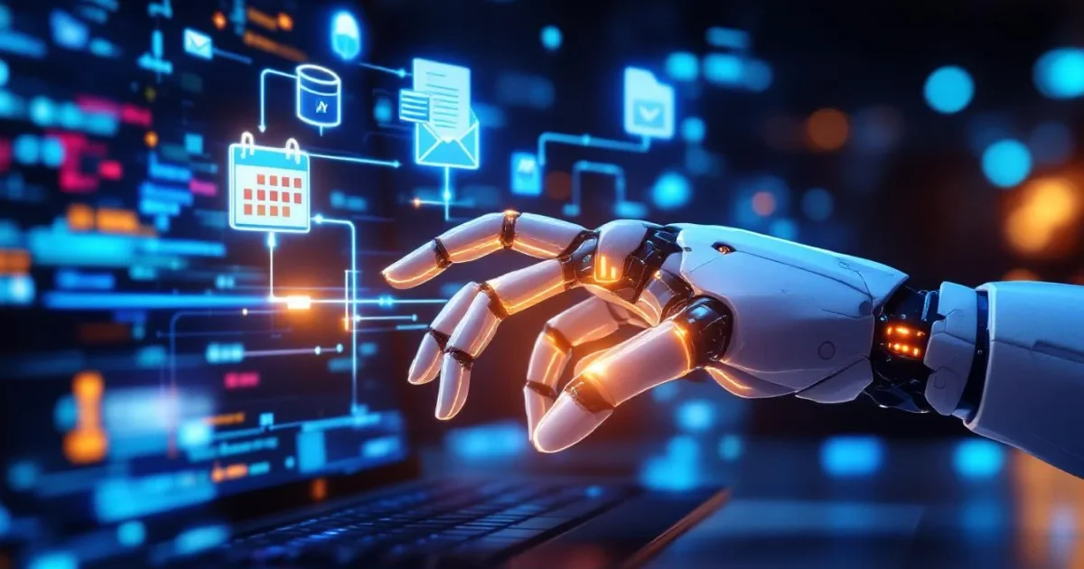 A robot hand emerging from a screen performing multiple autonomous tasks including calendar management and file handling, with glowing data connections visible