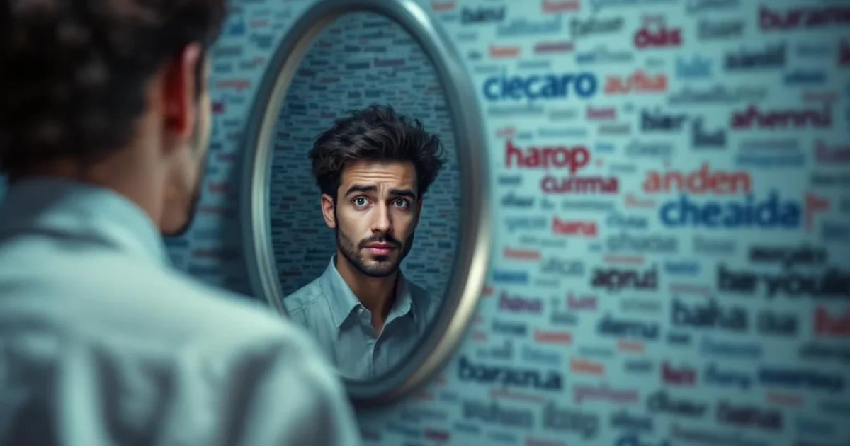 A confused person staring at a confident but inaccurate mirror reflection surrounded by overlapping contradictory text