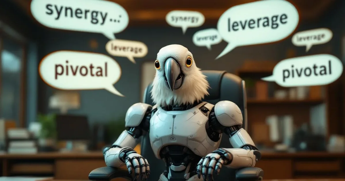 A robot parrot sitting in an office chair surrounded by floating corporate jargon speech bubbles looking smug