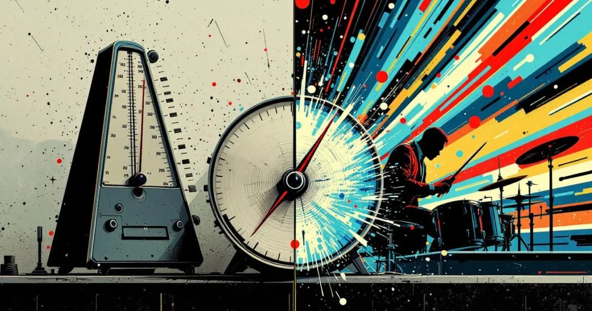Split-screen image showing a steady metronome on the left versus a dynamic jazz drummer on the right, representing AI flatness versus human rhythm